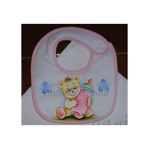 babete pintado com ursinho e biber&atilde;o - rosa